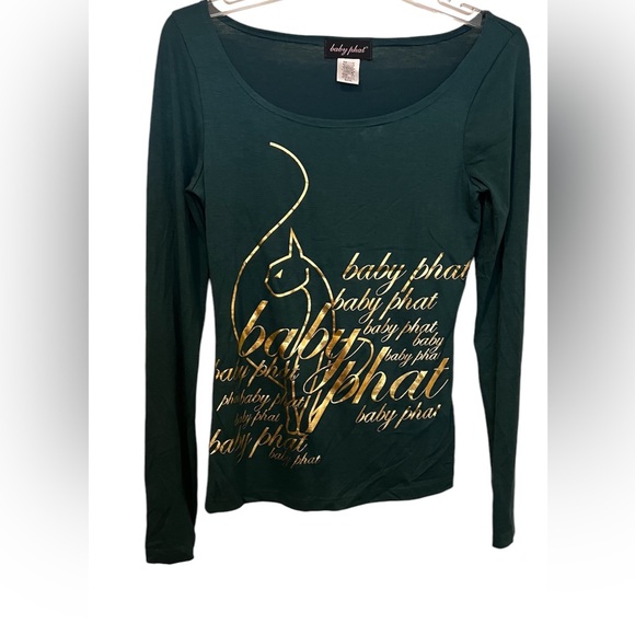 Baby Phat Tops - Baby Phat Long Sleeve Graphic Top-Green & Gold